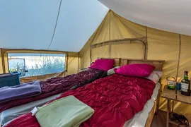 comfy beds in waterfront tent